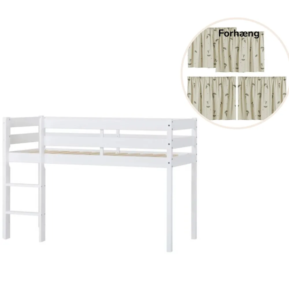 Hoppekids ECO Comfort halvhøj seng hvid, med forhæng grøn-Børn Pakkeløsninger|Juniorsenge