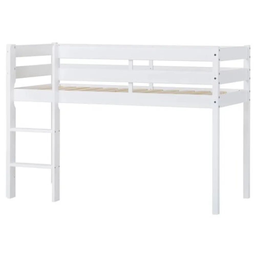 Hoppekids ECO Comfort halvhøj seng hvid, med forhæng grøn-Børn Pakkeløsninger|Juniorsenge