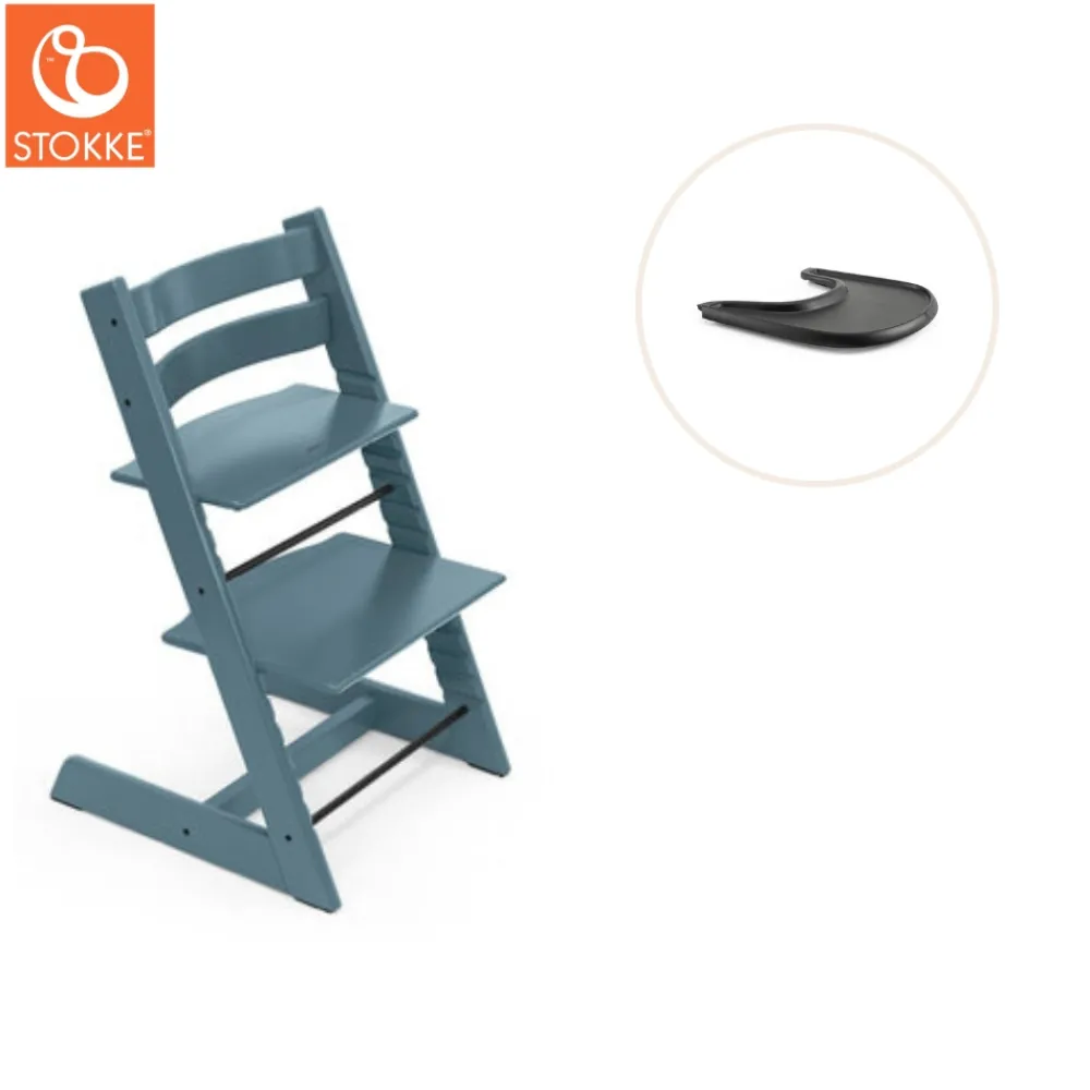 Stokke® / Tripp Trapp® Højstol inkl. tray - fjord blå/sort-Børn Højstole Med Tilbehør