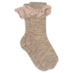 MP Denmark Lea strømpe med blonde - Light Brown Melange- Strømper|Uldstrømper & Uldstrømpebukser