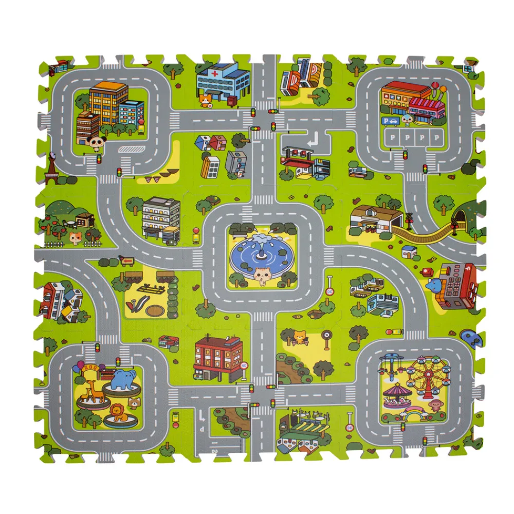 Magni Legegulv med vej og by skum. 9 felter- Legegulve & -Tæpper