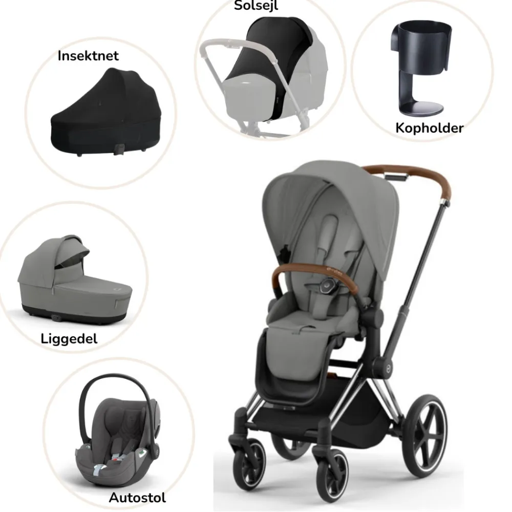 Cybex Priam pakke - mirage grey/chrome brown PLUS- Kombivognspakker