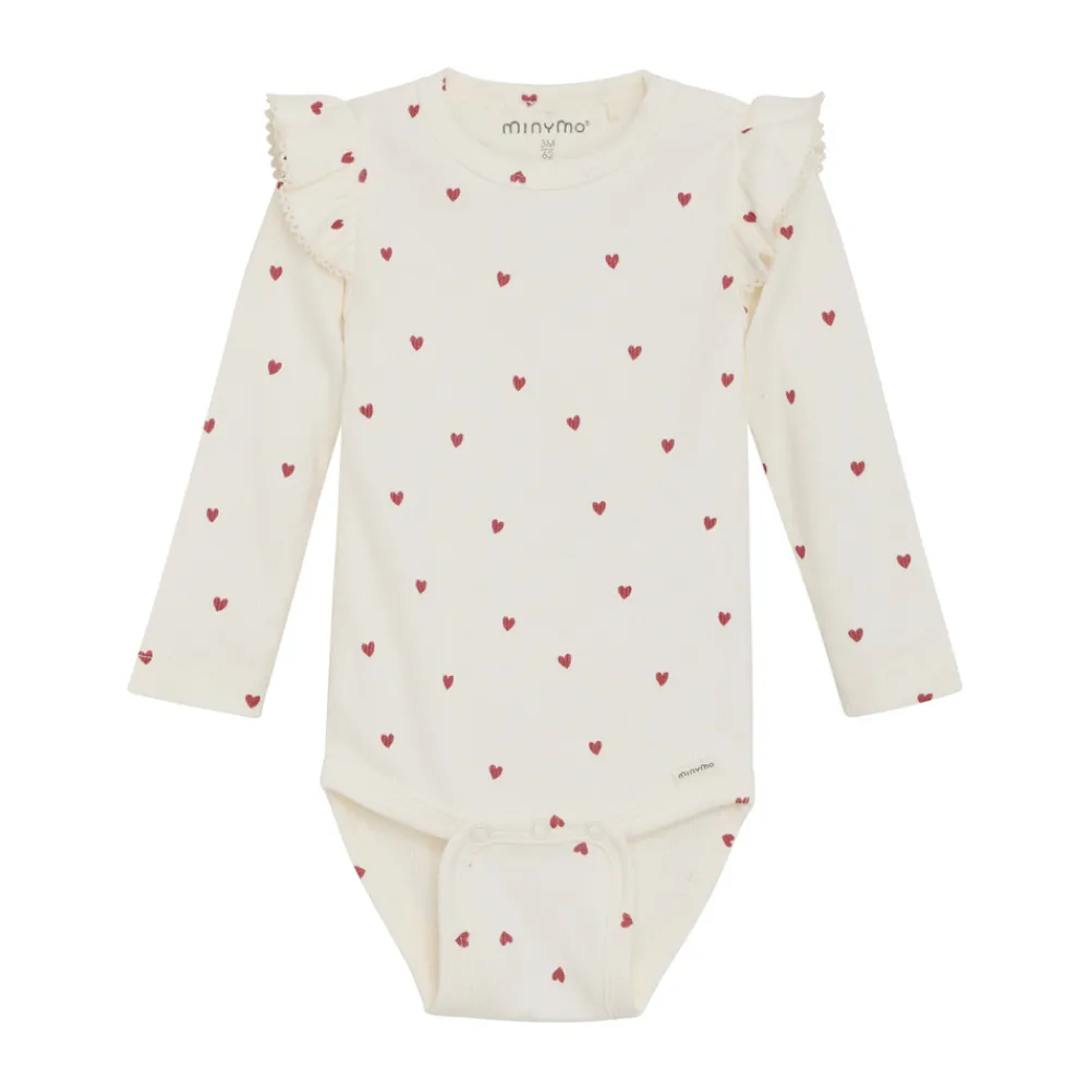 Minymo Rib Body Langærmet - med hjerteprint- Bodystocking Langærmet