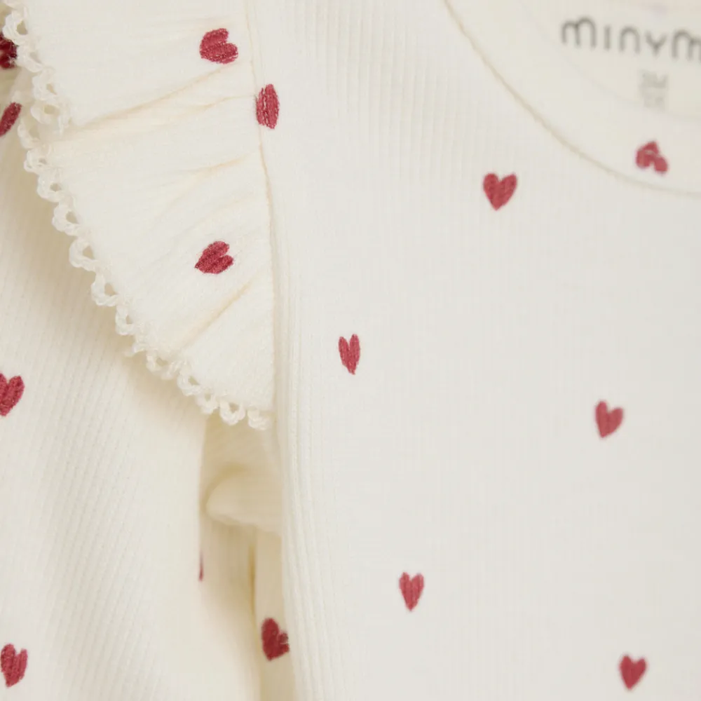 Minymo Rib Body Langærmet - med hjerteprint- Bodystocking Langærmet